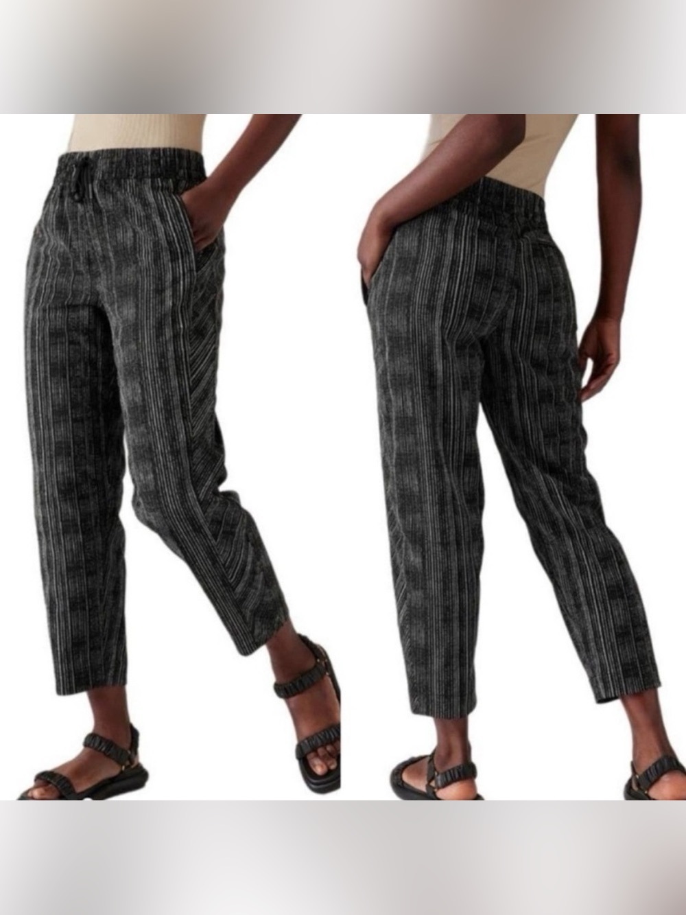 Athleta Brooklyn Ankle Pants Size 6 Black White Textured Striped Elastic Waist